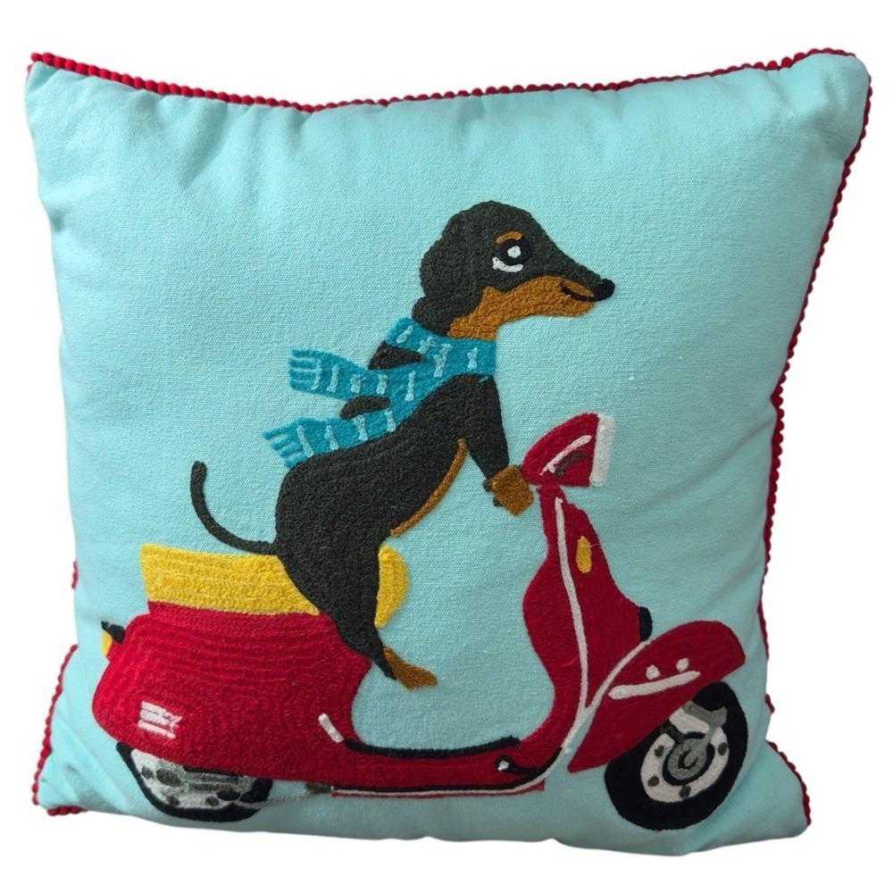 Dachshund Dotson Dog‎ Scarf Riding Vespa Scooter Karma Living Embroidered Pillow
